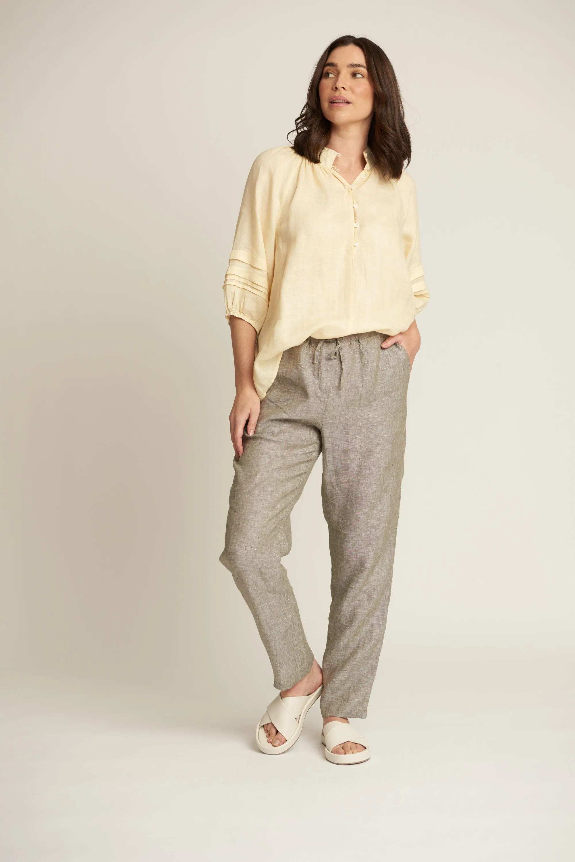 100% Linen 3/4 Pleated Sleeve Shirt Lemon
