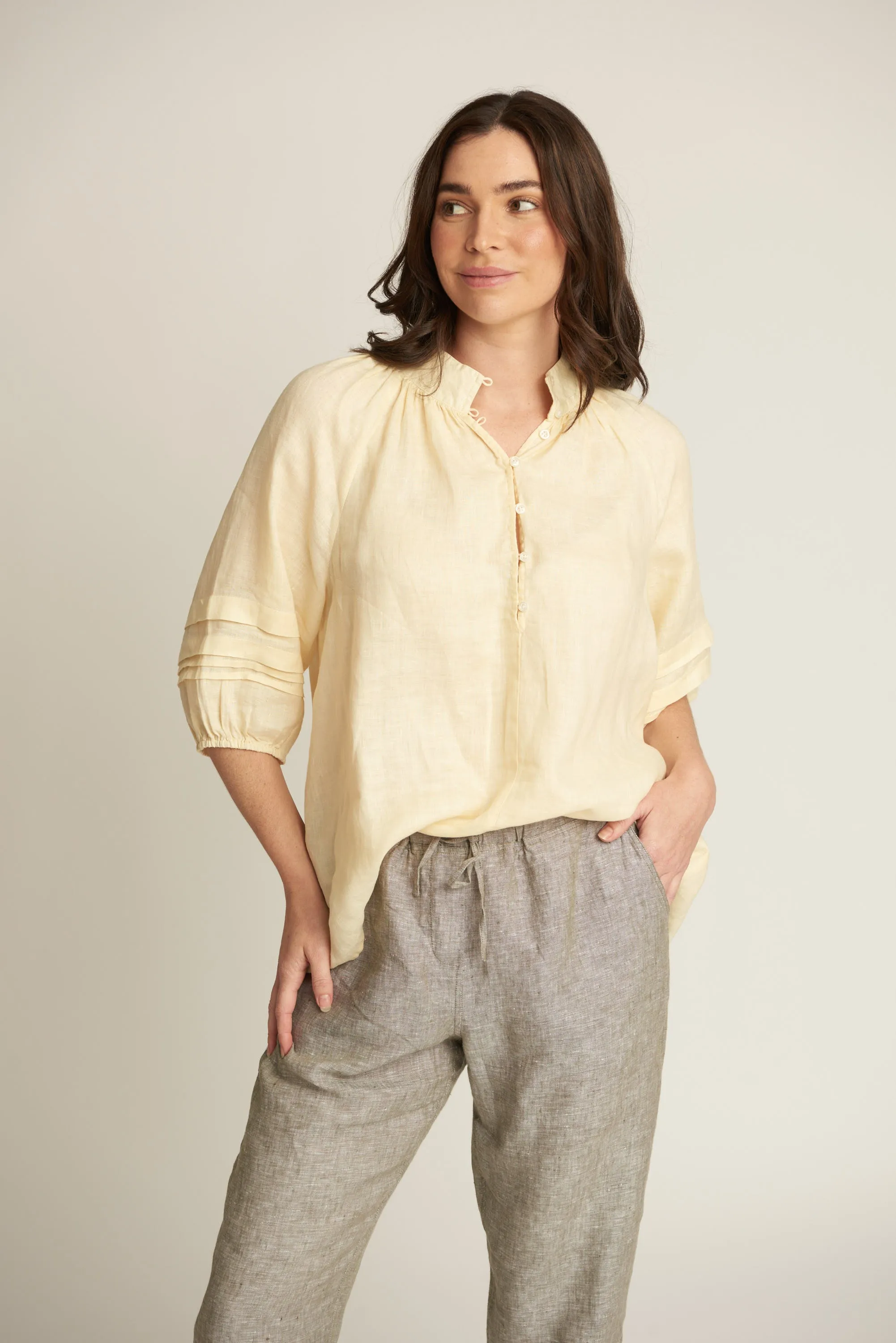 100% Linen 3/4 Pleated Sleeve Shirt Lemon