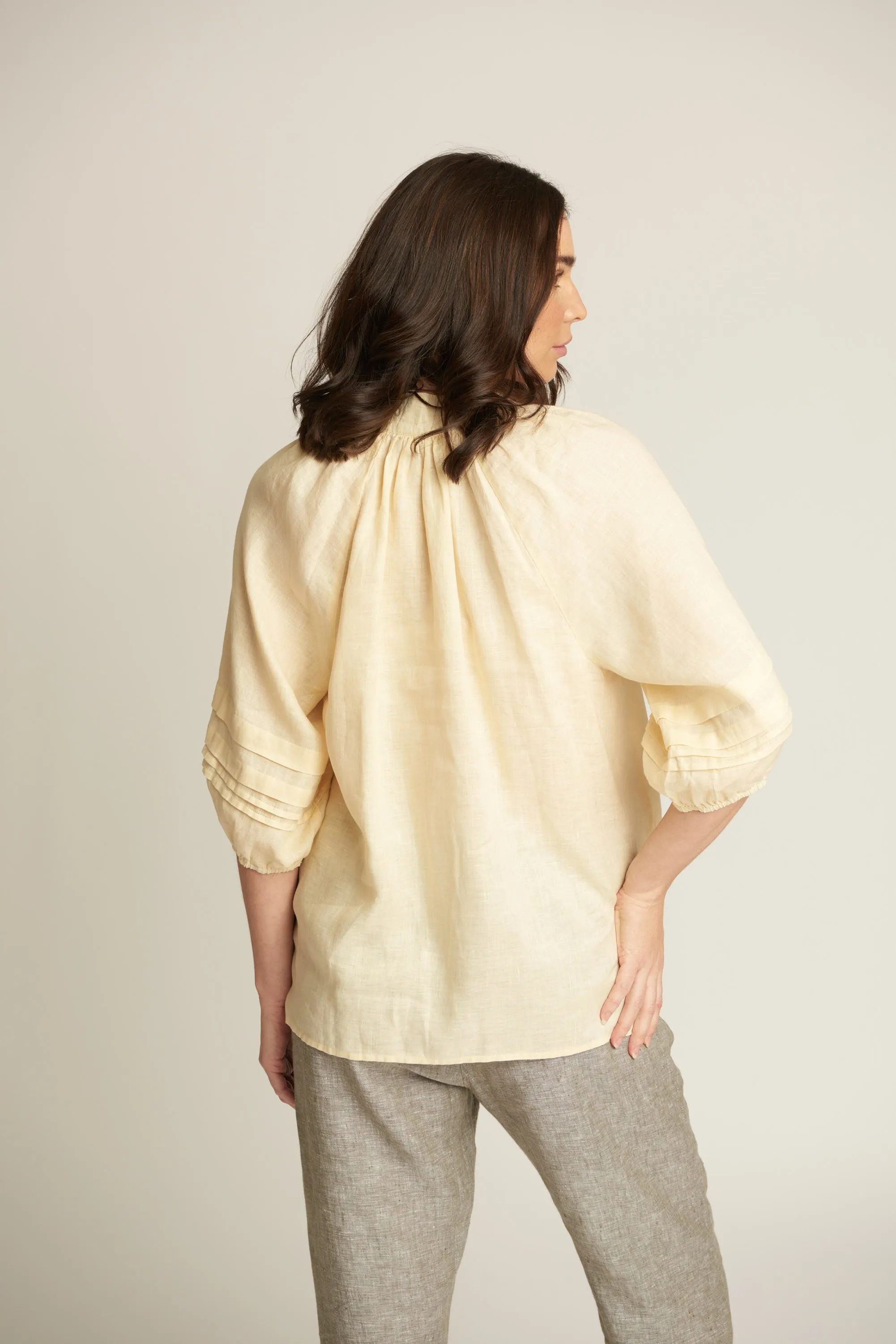 100% Linen 3/4 Pleated Sleeve Shirt Lemon