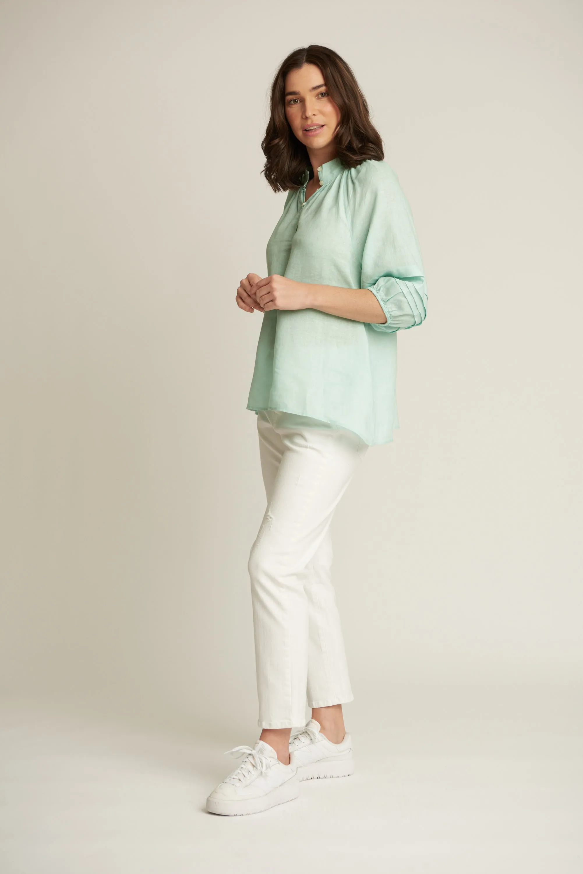 100% Linen 3/4 Pleated Sleeve Shirt Ocean