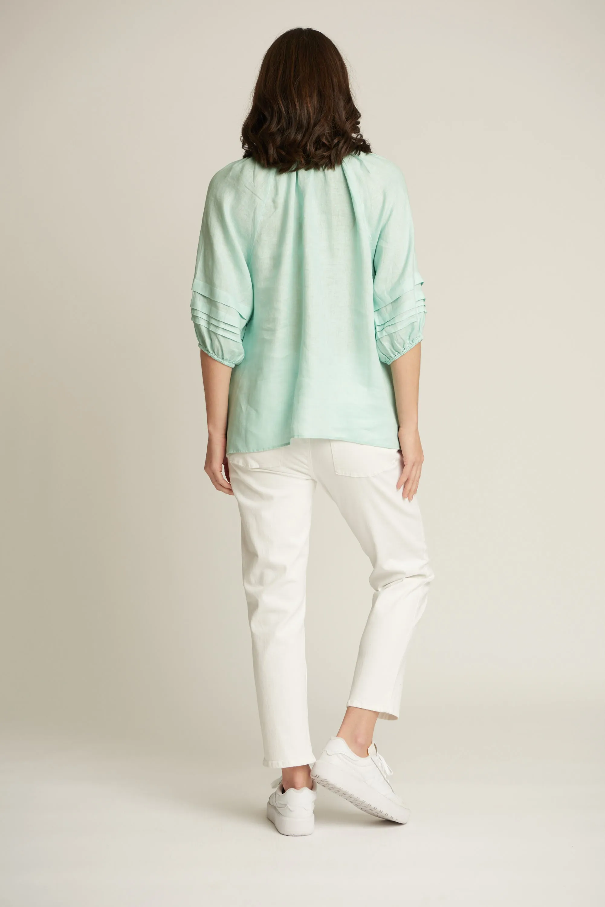 100% Linen 3/4 Pleated Sleeve Shirt Ocean