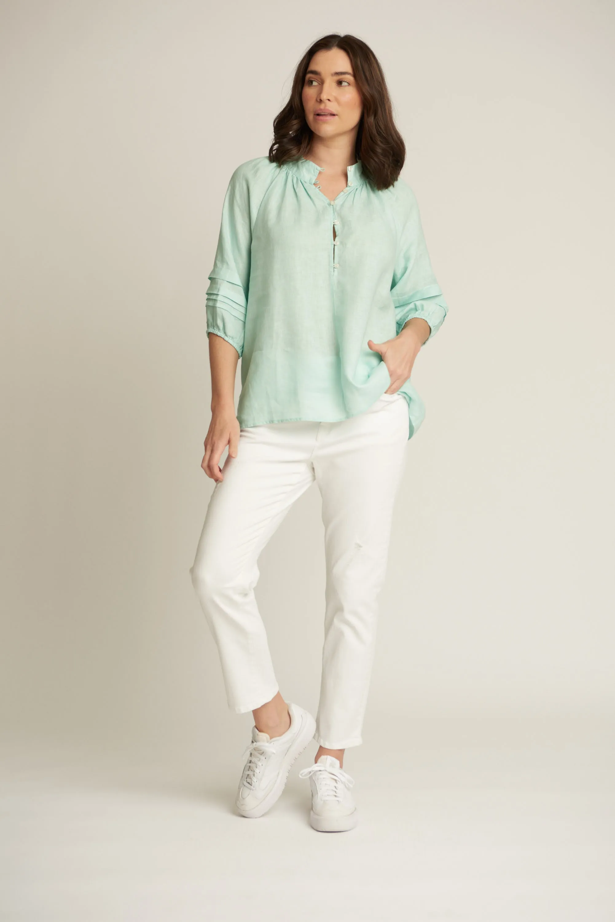 100% Linen 3/4 Pleated Sleeve Shirt Ocean