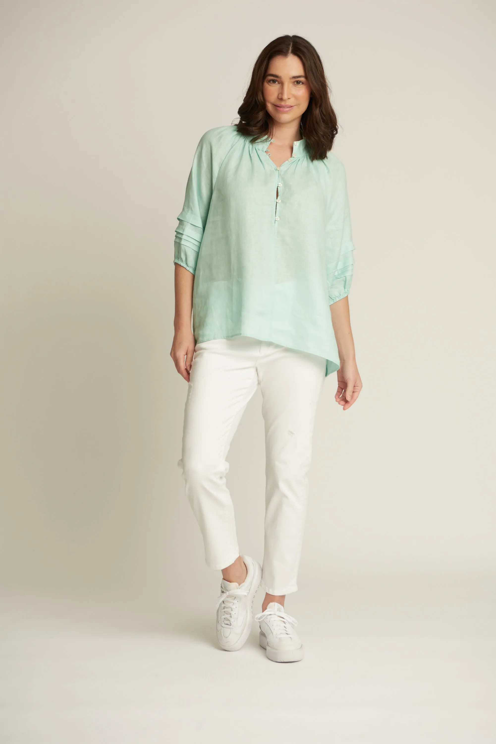 100% Linen 3/4 Pleated Sleeve Shirt Ocean