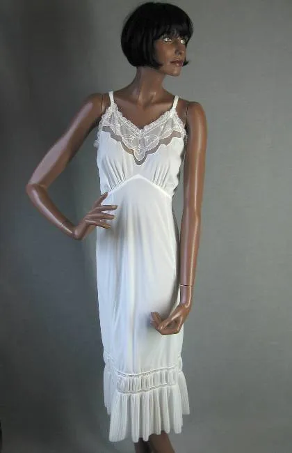 50s Full Slip Vintage Women's 60s Nylon Lingerie Crystal Pleats Lace Girly Large Nan Flowers VFG