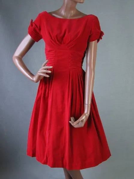 50s Women's Party Dress Vintage Ruched Red Velvet Full Skirt Extra Small VFG