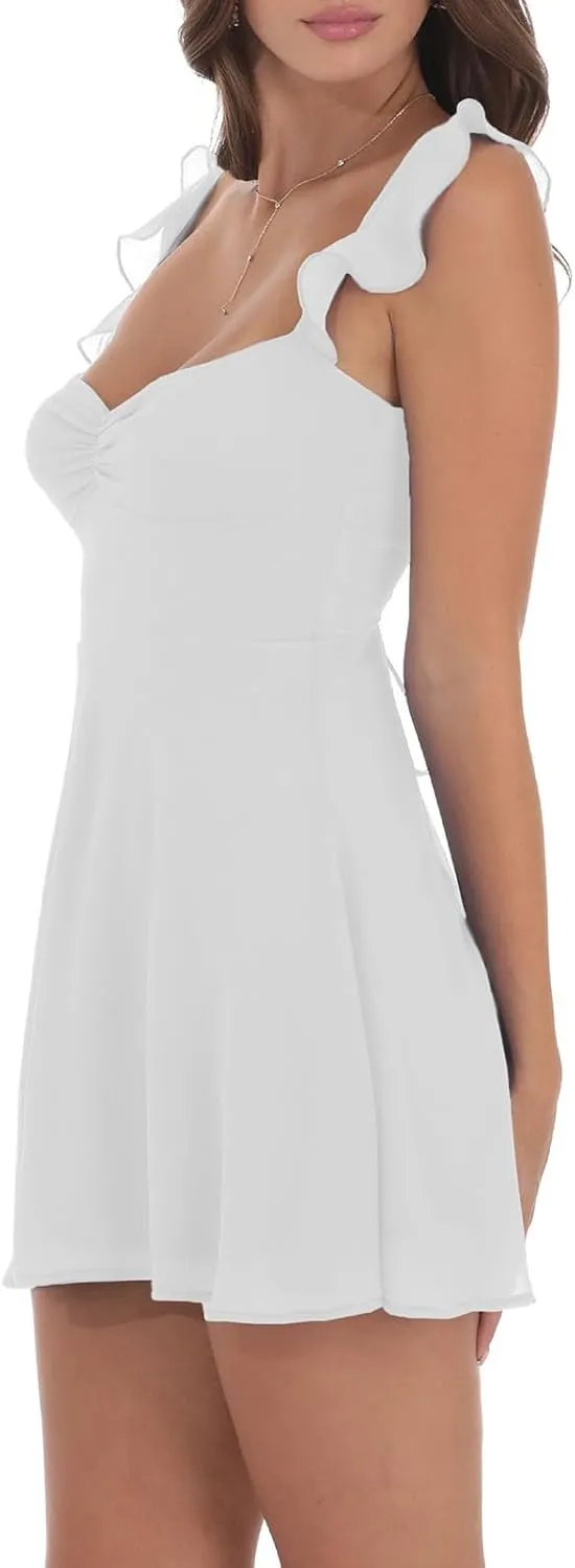 Aopwsrlyi Women's Square Neck Cap Sleeve Mini Dress Sleeveless Back Zipper A Line Party Club Dresses