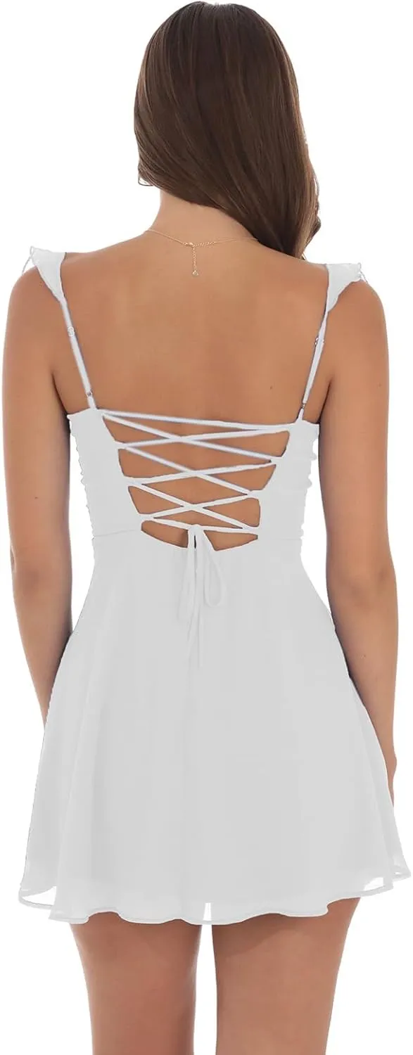 Aopwsrlyi Women's Square Neck Cap Sleeve Mini Dress Sleeveless Back Zipper A Line Party Club Dresses