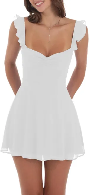 Aopwsrlyi Women's Square Neck Cap Sleeve Mini Dress Sleeveless Back Zipper A Line Party Club Dresses