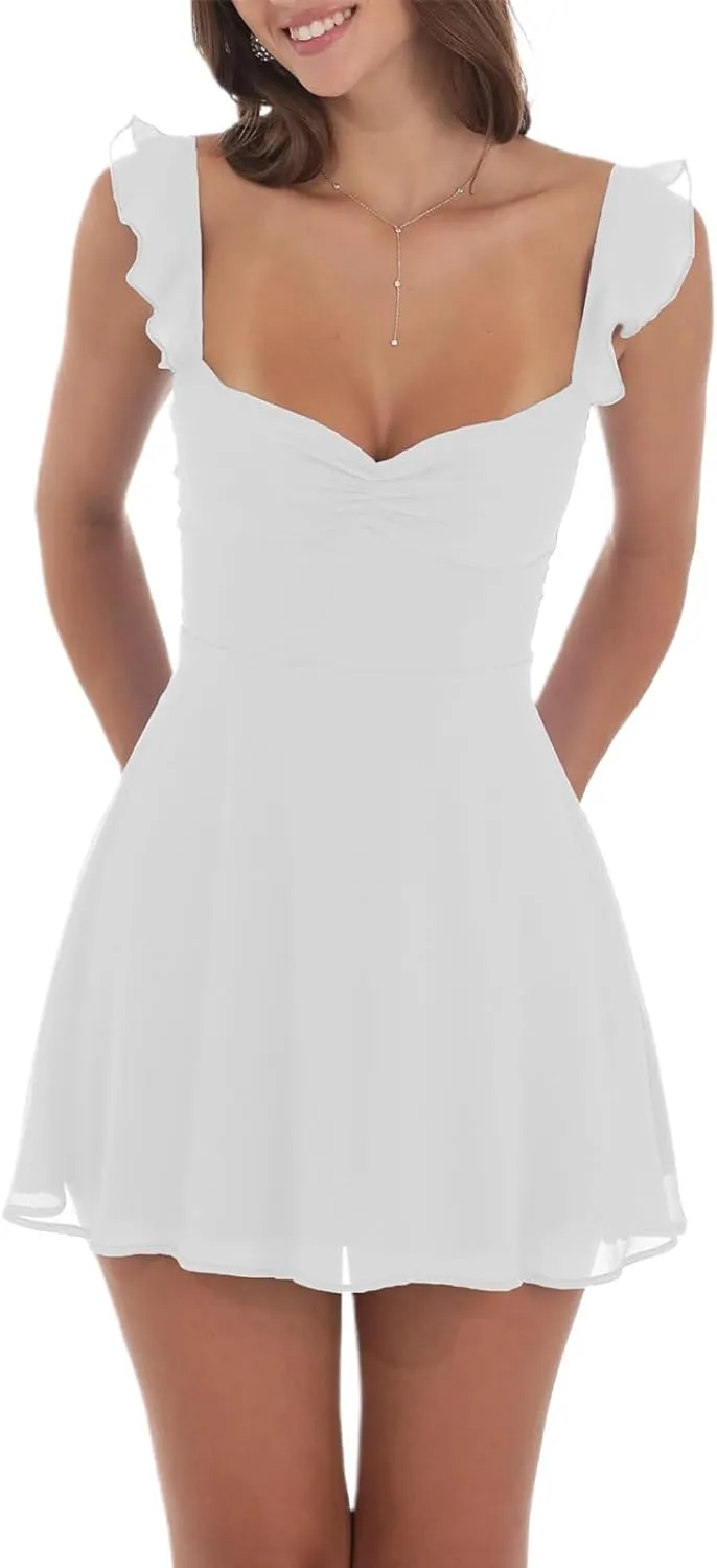 Aopwsrlyi Women's Square Neck Cap Sleeve Mini Dress Sleeveless Back Zipper A Line Party Club Dresses