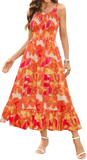 Arolina Women's Summer Floral Boho Dress 2025 Square Neck Maxi Dresses Solid Color Ruffle Beach Vacation Long Sundress