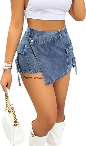 Avanova Women Jean Denim Skort Sexy High Waisted Asymmetrical Short Mini Skirt