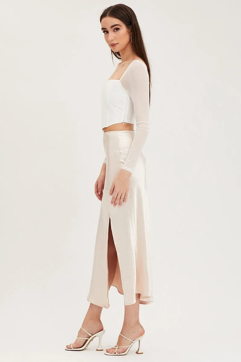 Beige Slip Skirt Front Split Satin