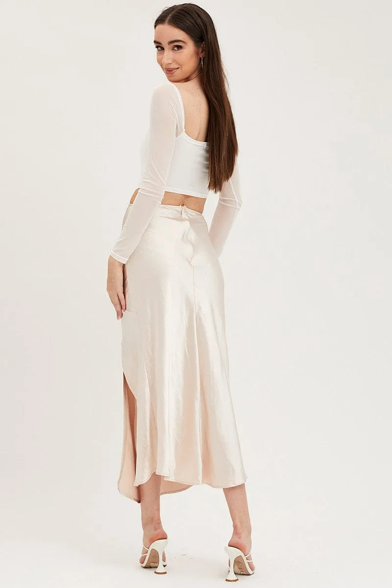 Beige Slip Skirt Front Split Satin