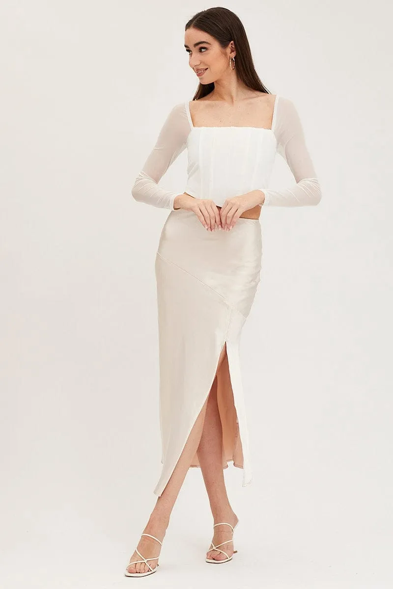 Beige Slip Skirt Front Split Satin