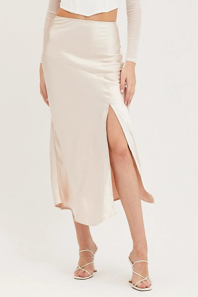 Beige Slip Skirt Front Split Satin