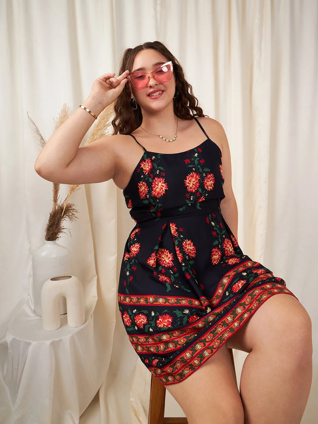 Berrylush Women Plus Size Navy Blue & Orange Floral Printed Square Neck Sleeveless Flared Fit & Flare Mini Dress