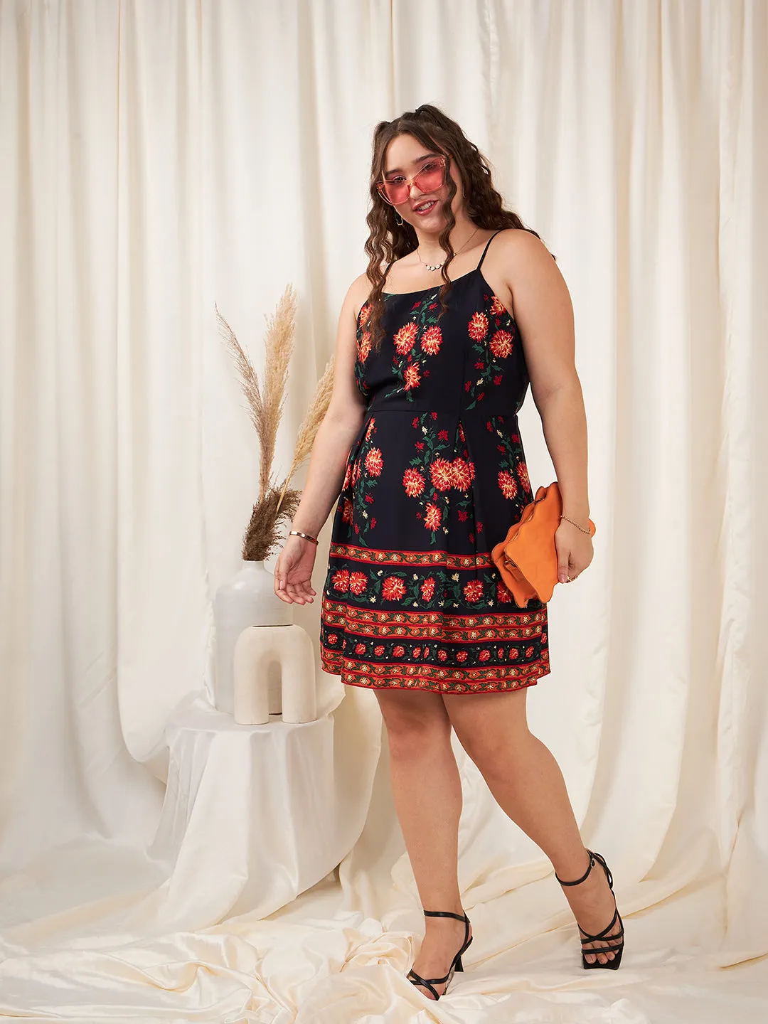 Berrylush Women Plus Size Navy Blue & Orange Floral Printed Square Neck Sleeveless Flared Fit & Flare Mini Dress