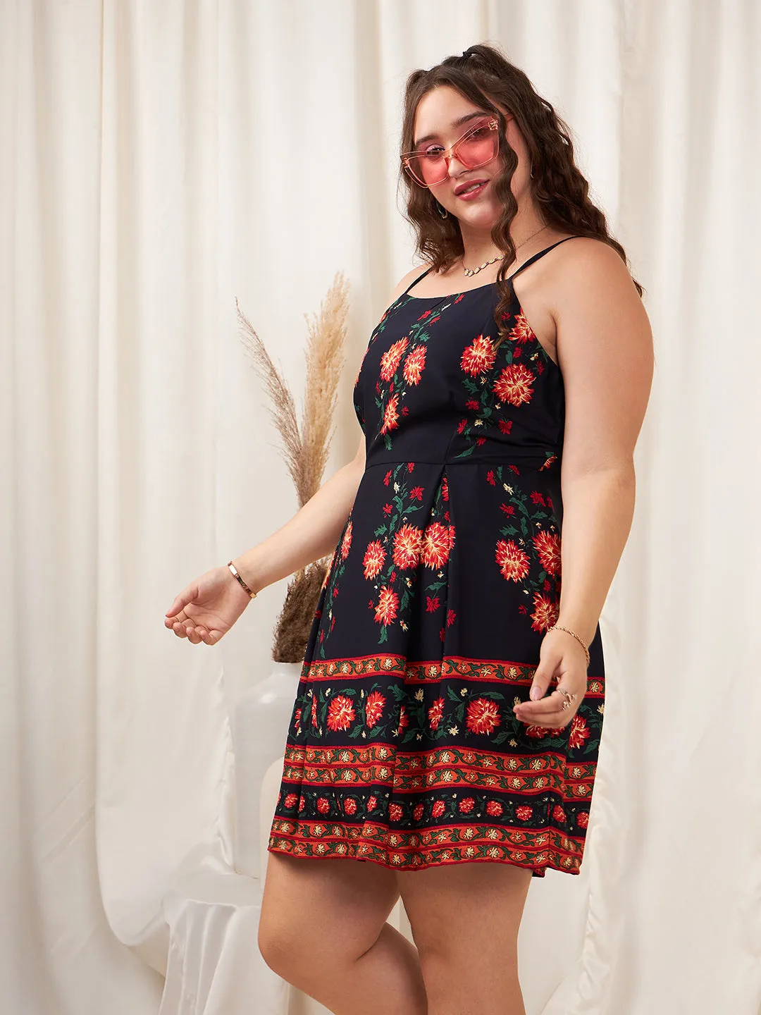 Berrylush Women Plus Size Navy Blue & Orange Floral Printed Square Neck Sleeveless Flared Fit & Flare Mini Dress