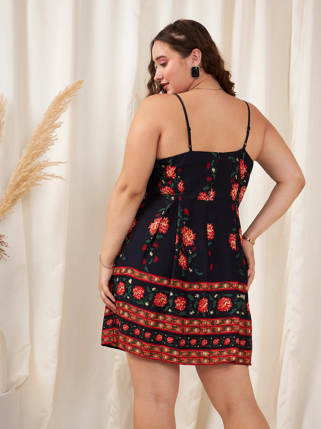 Berrylush Women Plus Size Navy Blue & Orange Floral Printed Square Neck Sleeveless Flared Fit & Flare Mini Dress