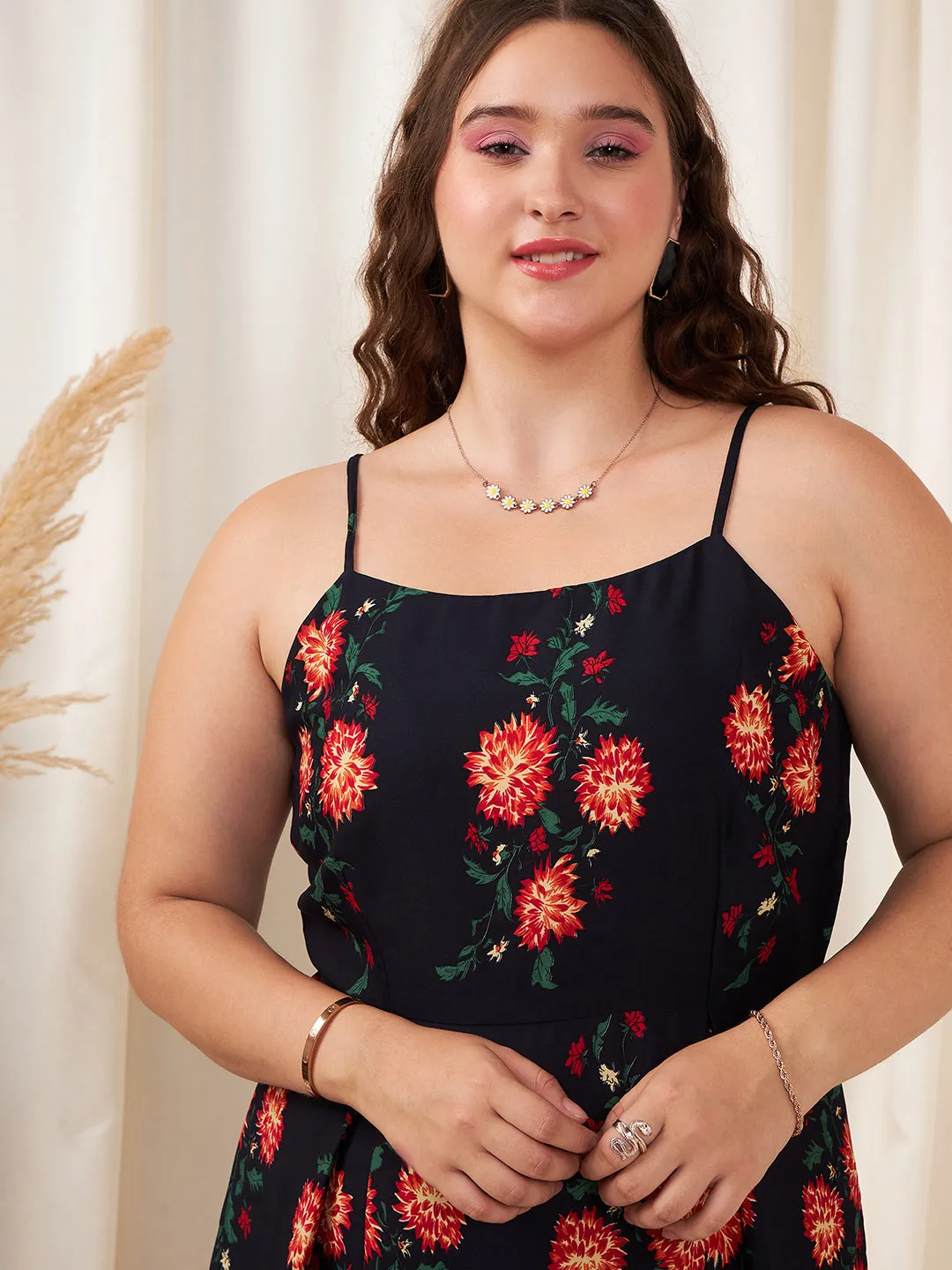 Berrylush Women Plus Size Navy Blue & Orange Floral Printed Square Neck Sleeveless Flared Fit & Flare Mini Dress
