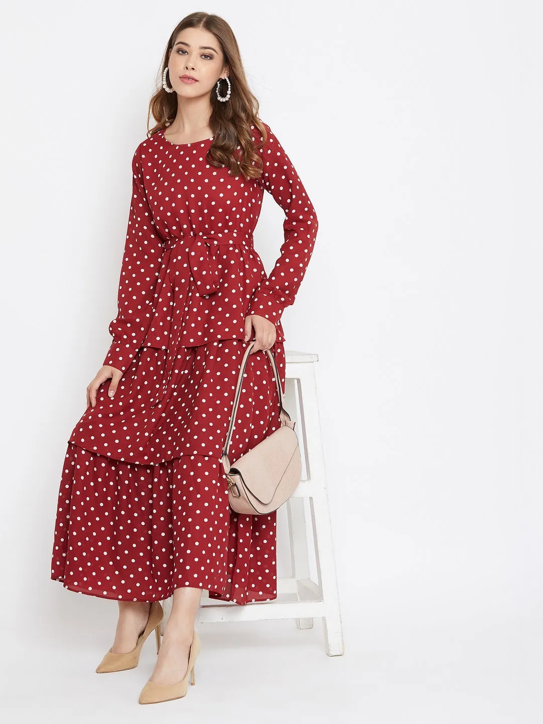 Berrylush Women Red Polka Dot Printed Round-Neck Tiered Fit & Flare Maxi Dress