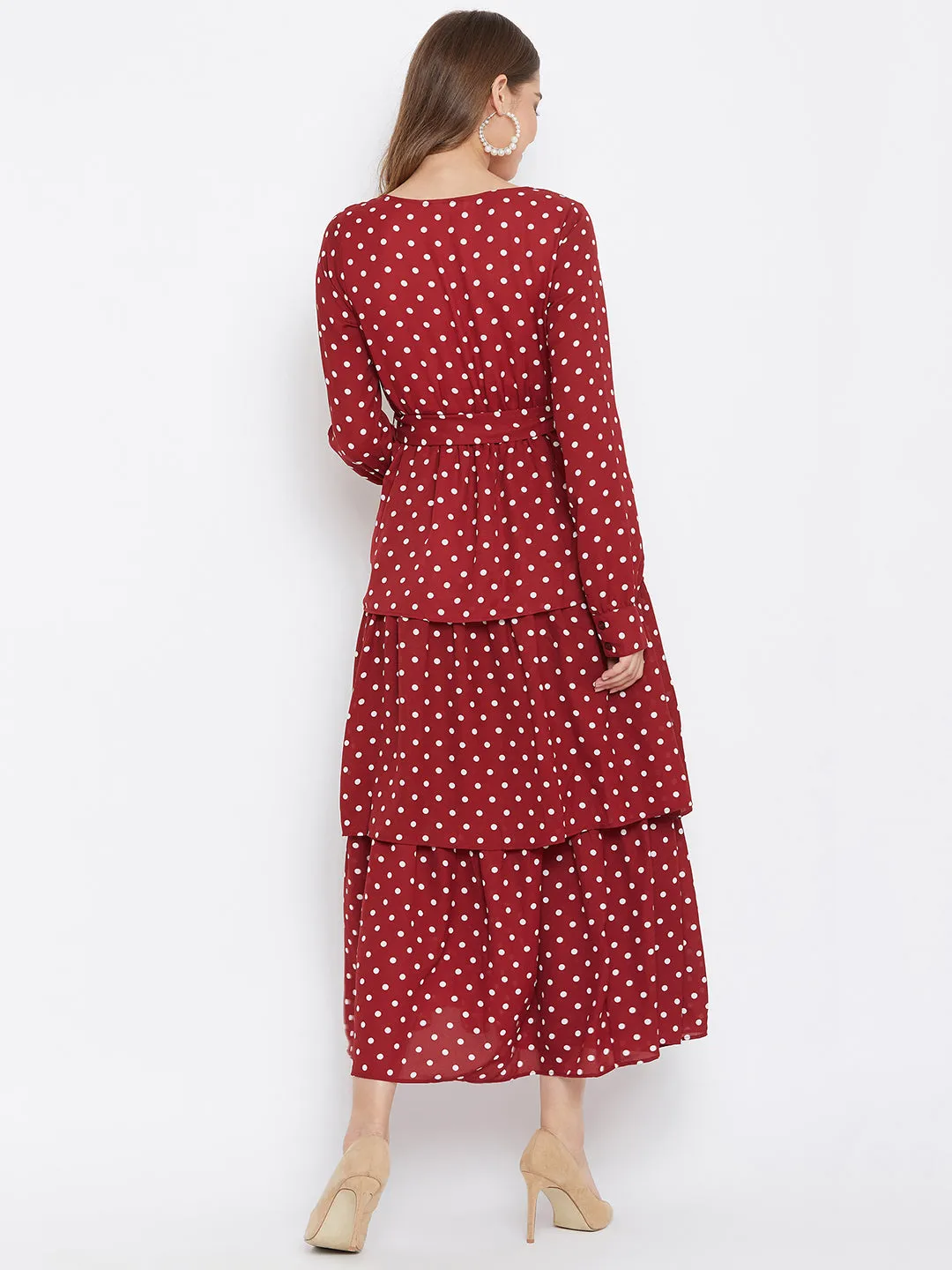 Berrylush Women Red Polka Dot Printed Round-Neck Tiered Fit & Flare Maxi Dress