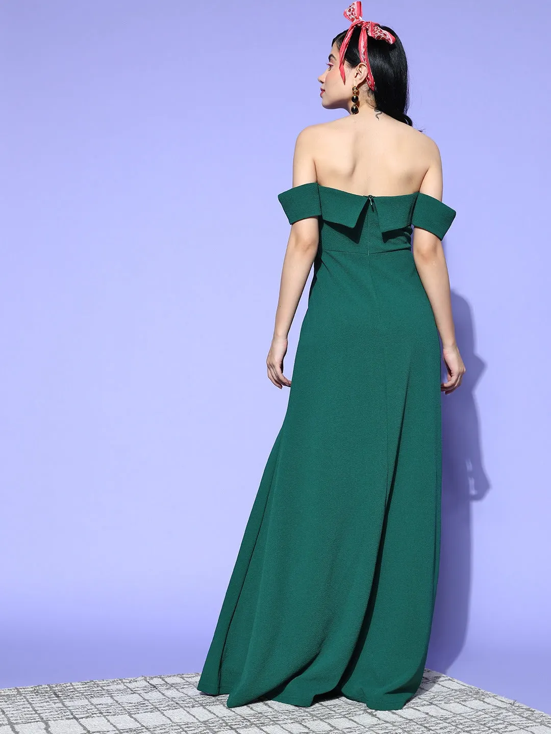 Berrylush Women Solid Green Off-Shoulder Neck Crepe Thigh-High Slit Flared A-Line Maxi Dress