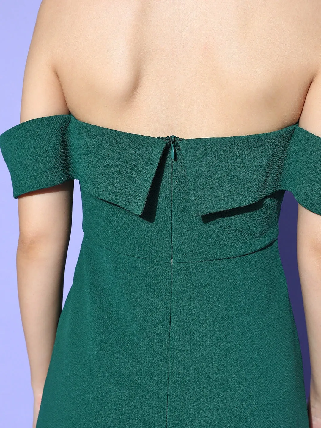 Berrylush Women Solid Green Off-Shoulder Neck Crepe Thigh-High Slit Flared A-Line Maxi Dress