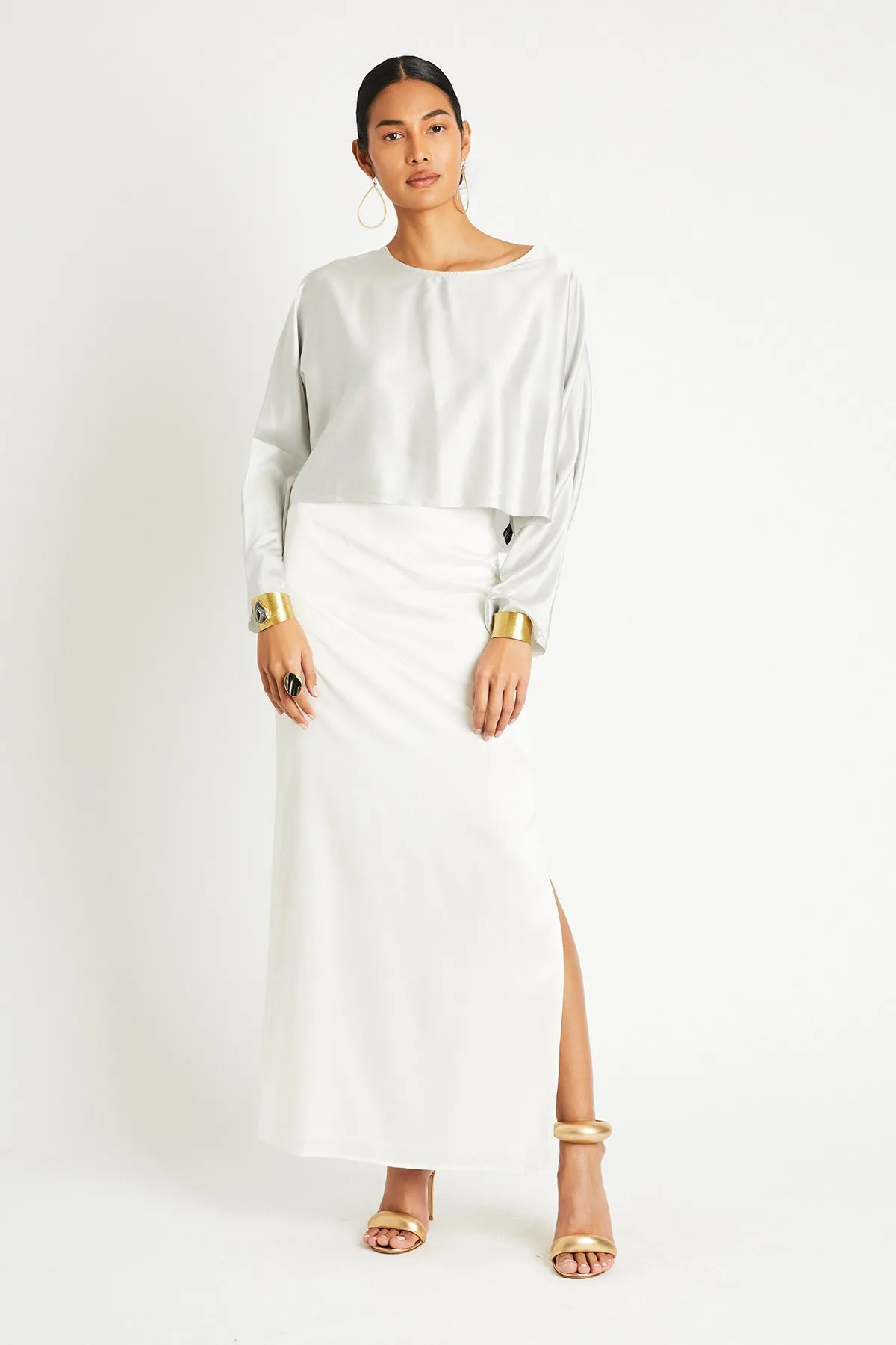   Beryll Sierra Silk Long Sleeve Cropped Top | Pearl