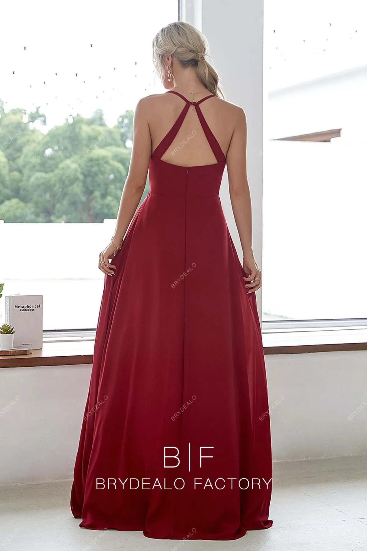 Burgundy Halter Neck A-line Chiffon Slit Wrap Bridesmaid Dress