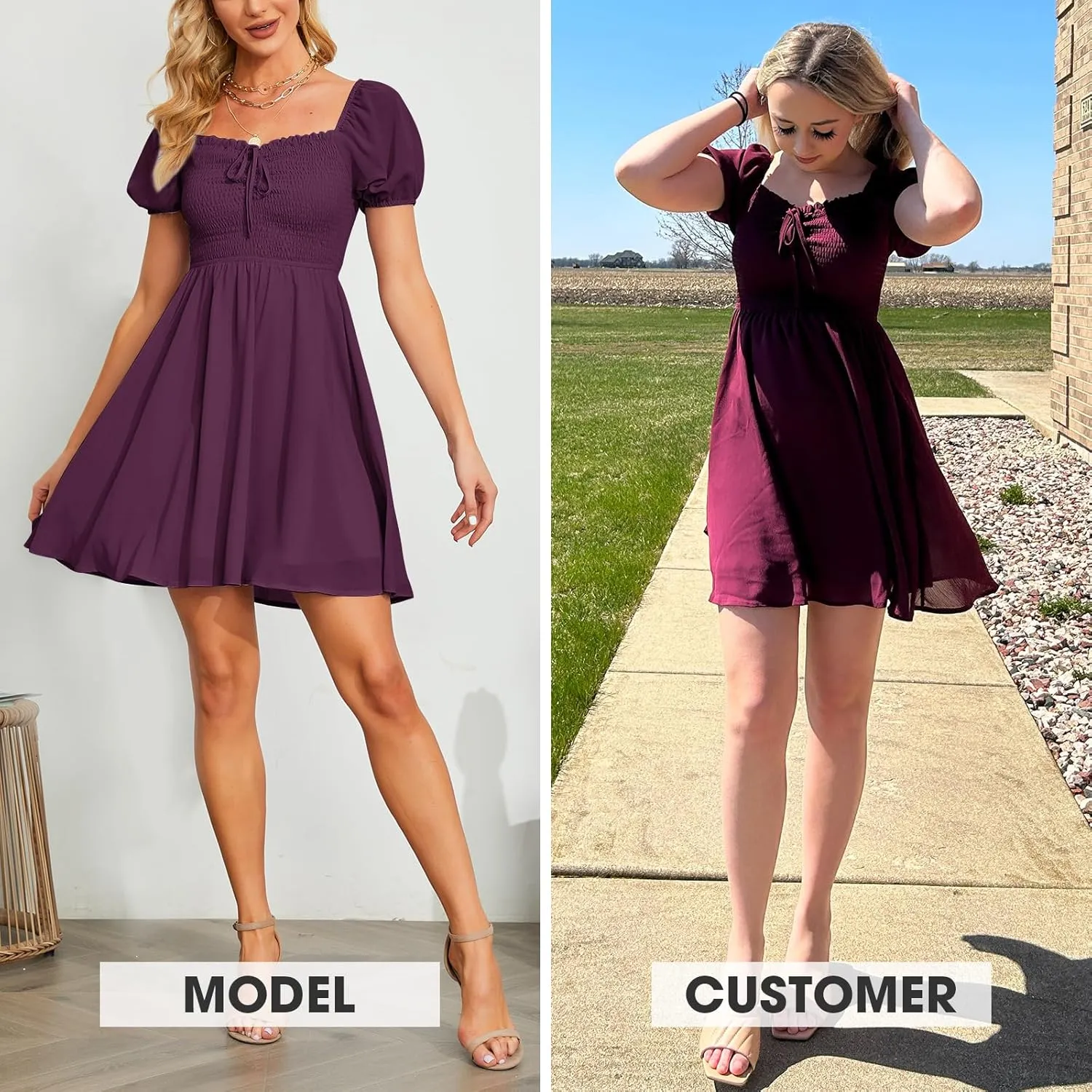 Byinns Women's Sweetheart Neckline Dress Smocked Sundress Puff Short Sleeve Drawstring Dresses