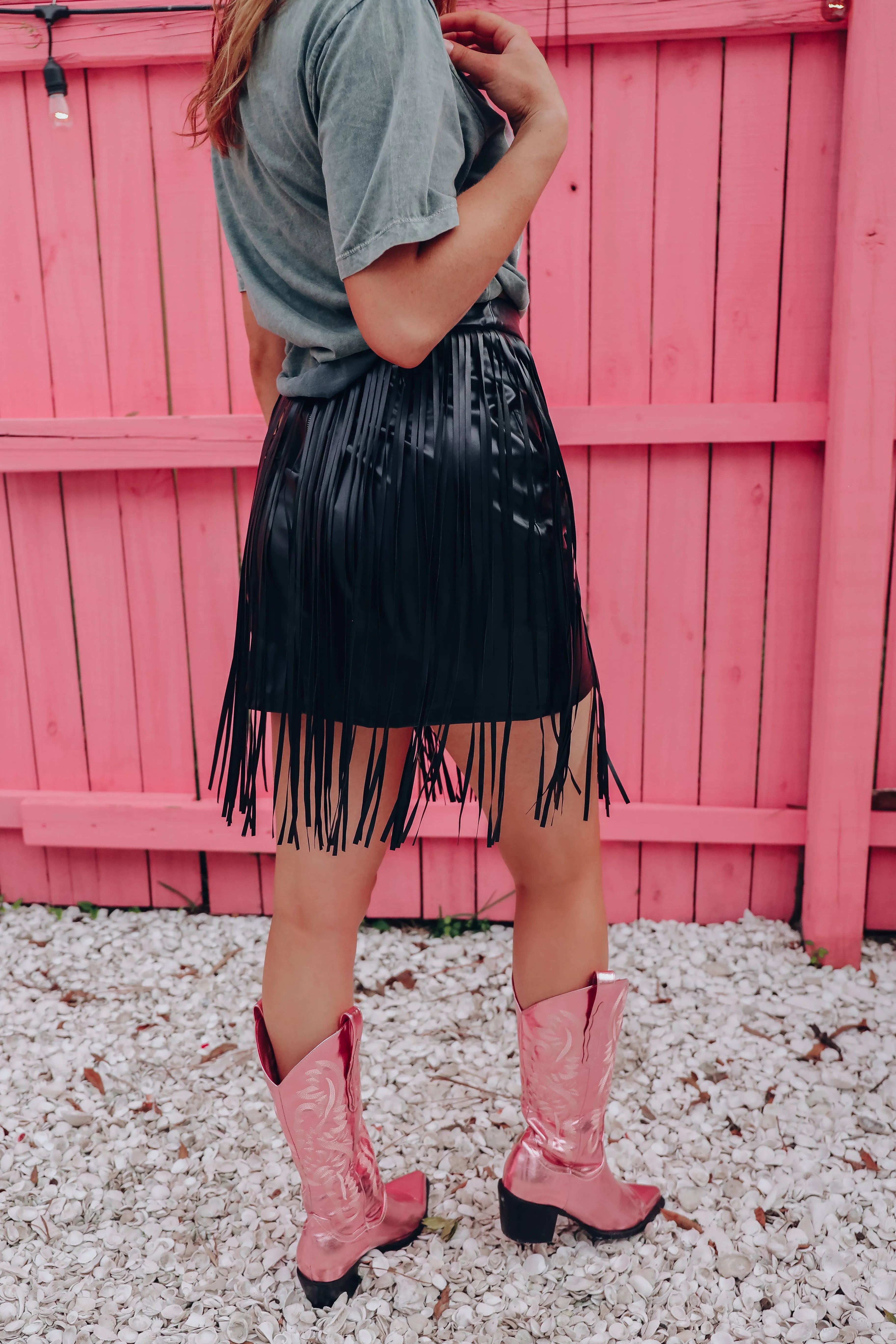 Cheyeene Faux Leather Fringe Mini Skirt - Black