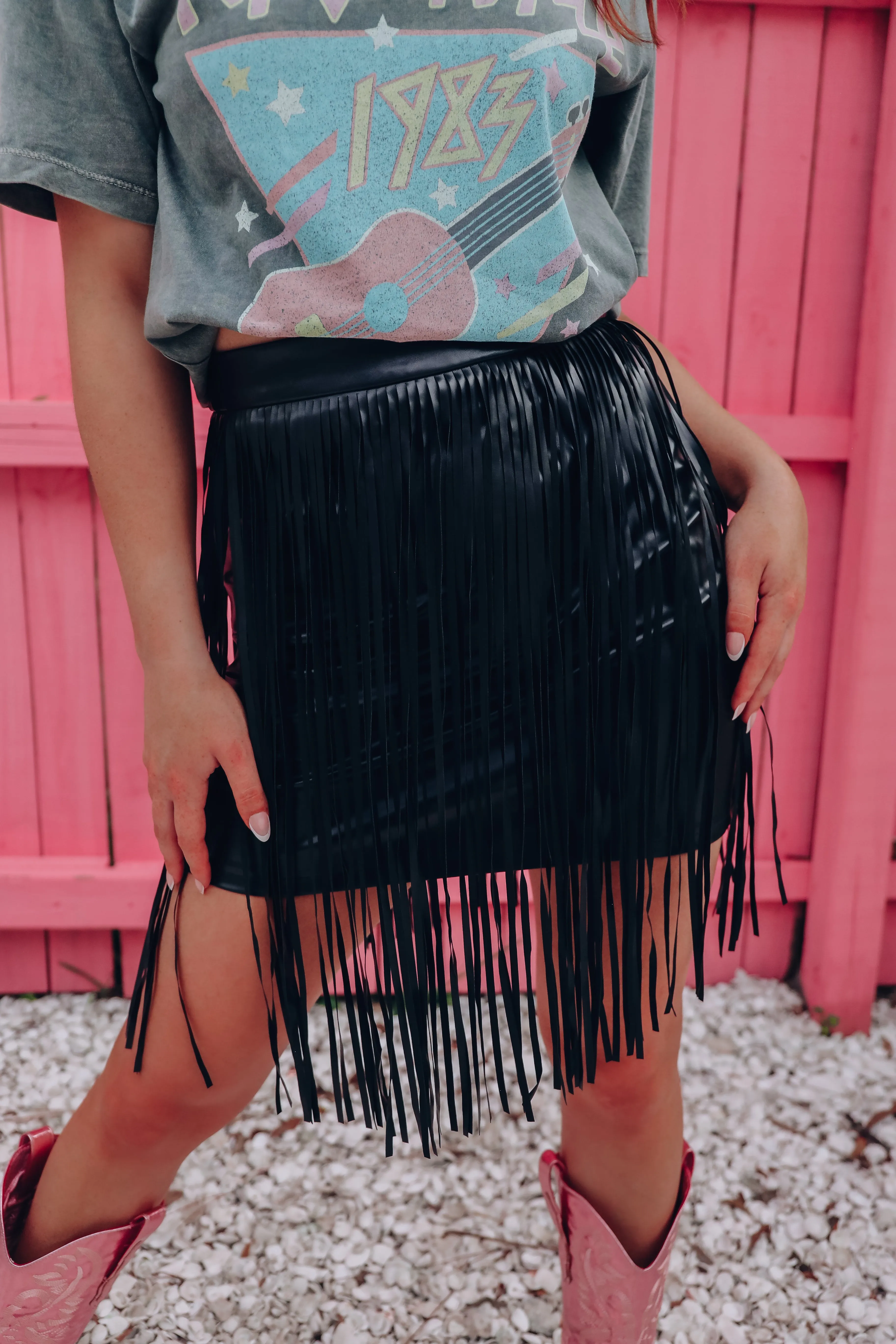 Cheyeene Faux Leather Fringe Mini Skirt - Black