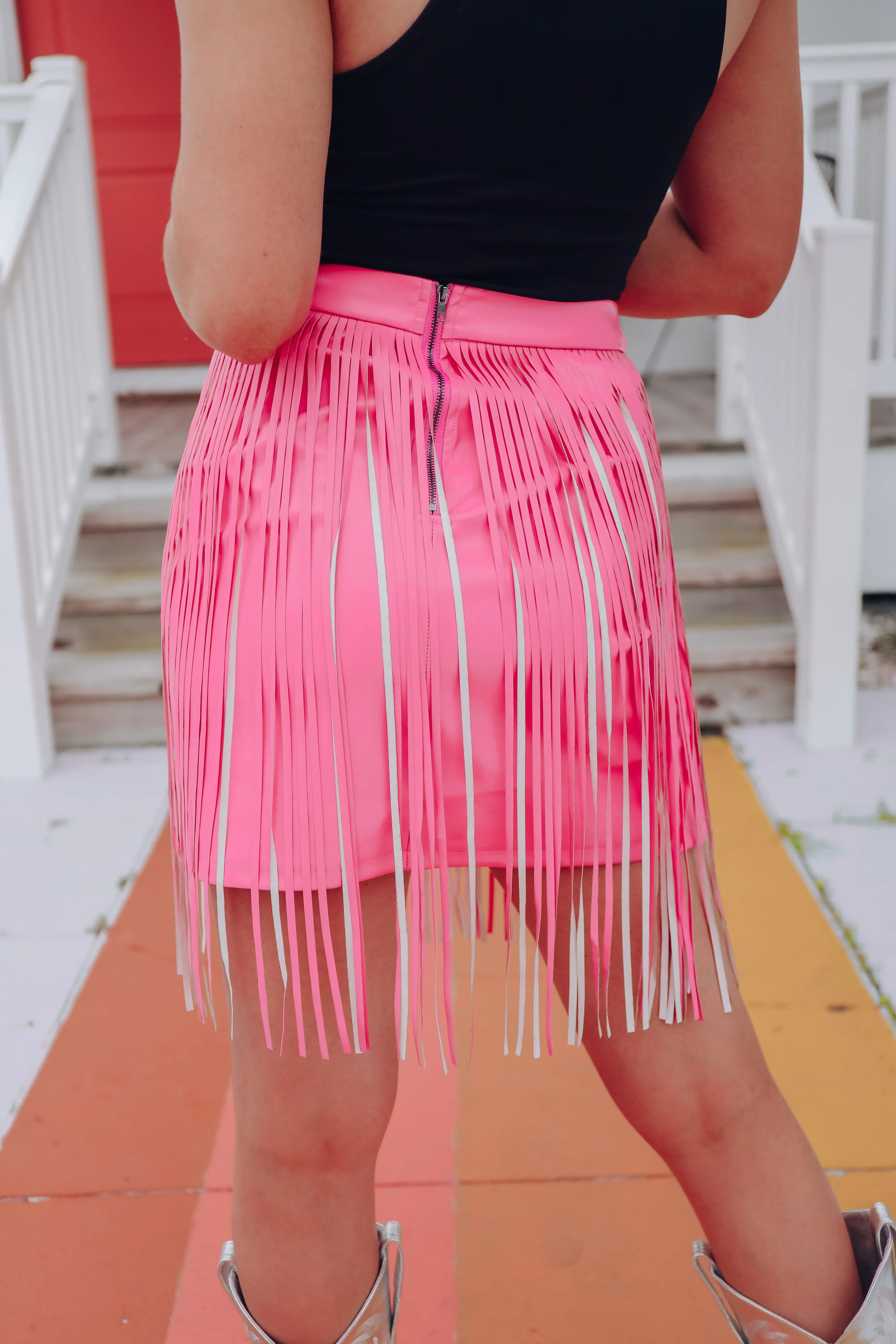 Cheyeene Faux Leather Fringe Mini Skirt - Light Pink