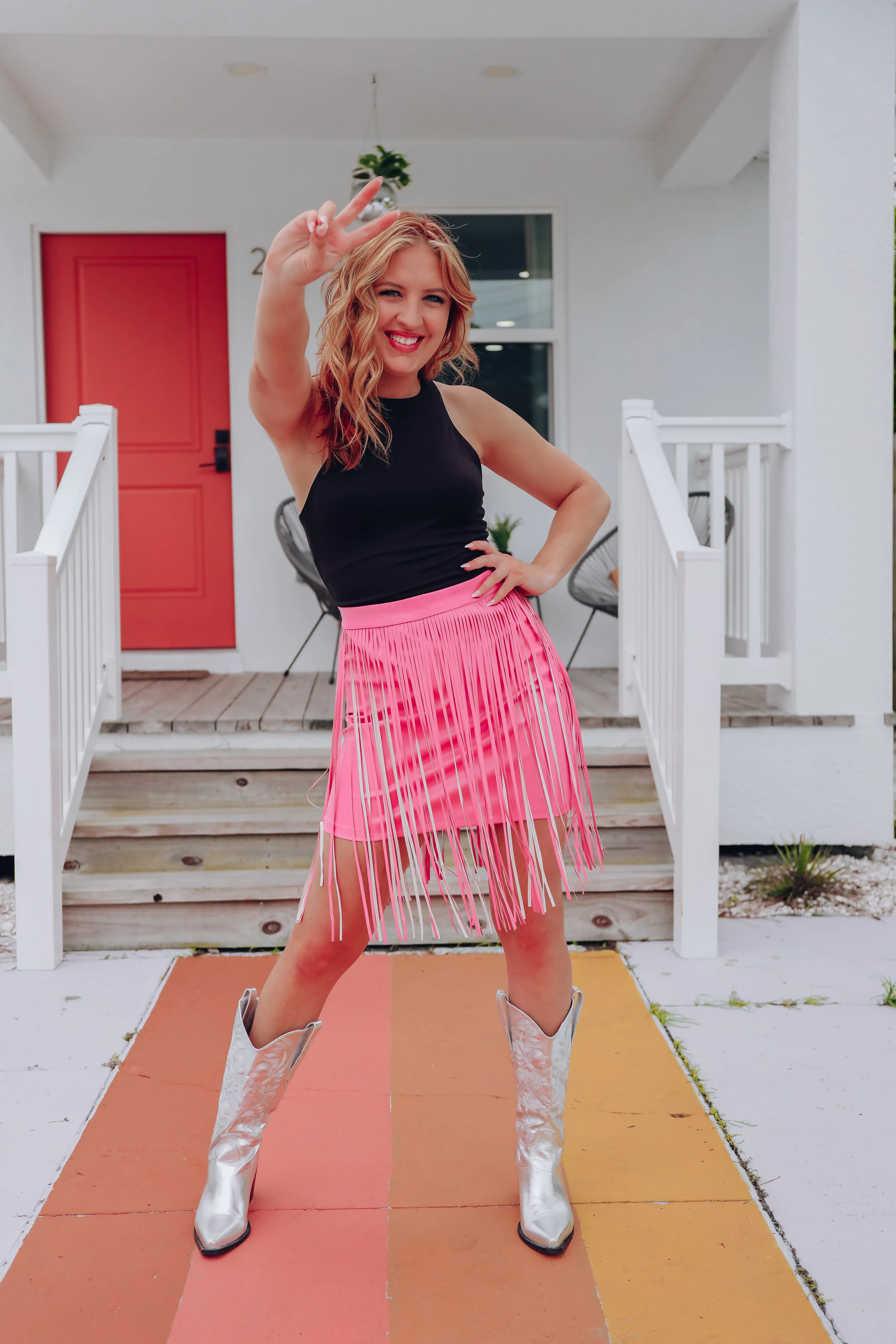 Cheyeene Faux Leather Fringe Mini Skirt - Light Pink