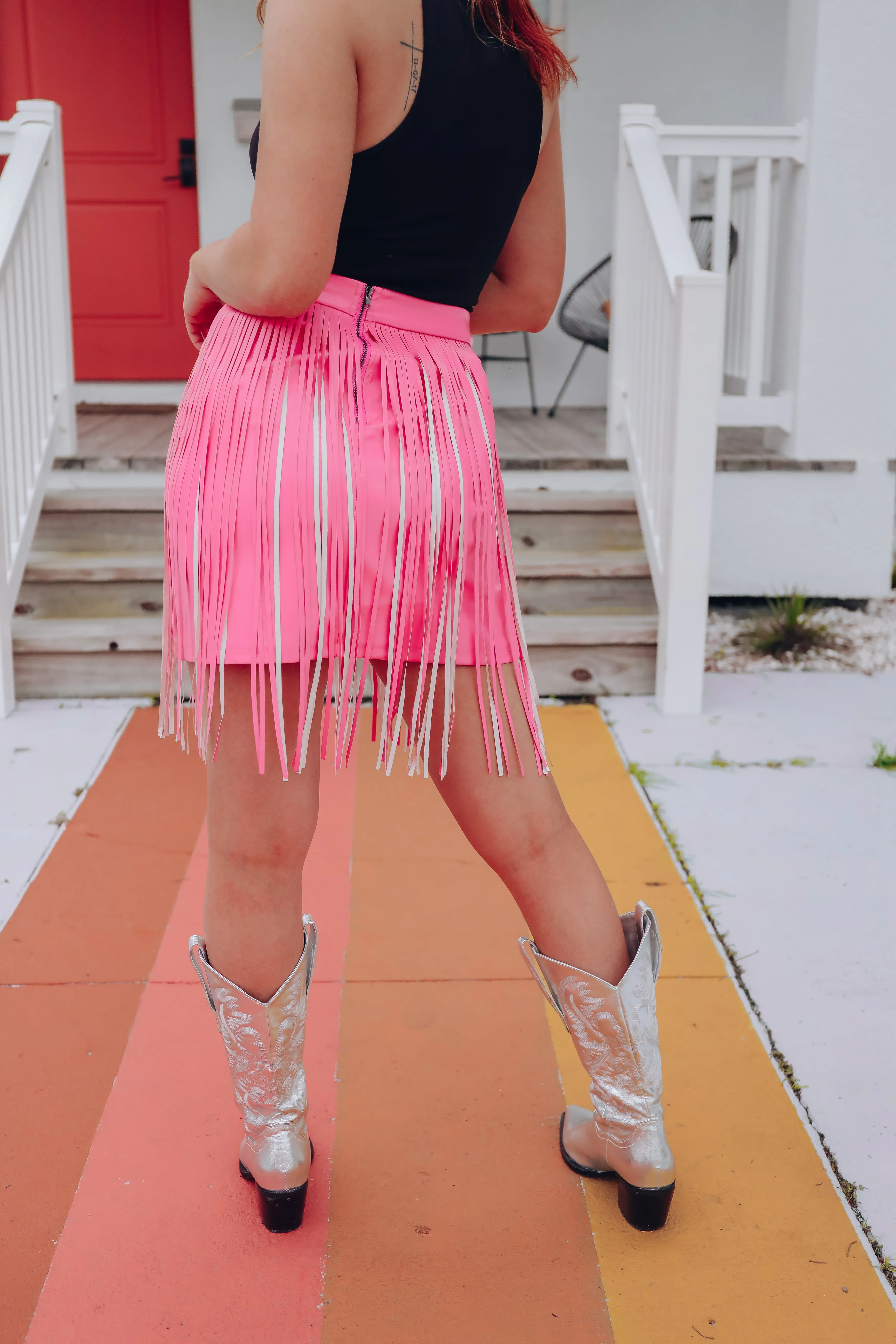 Cheyeene Faux Leather Fringe Mini Skirt - Light Pink