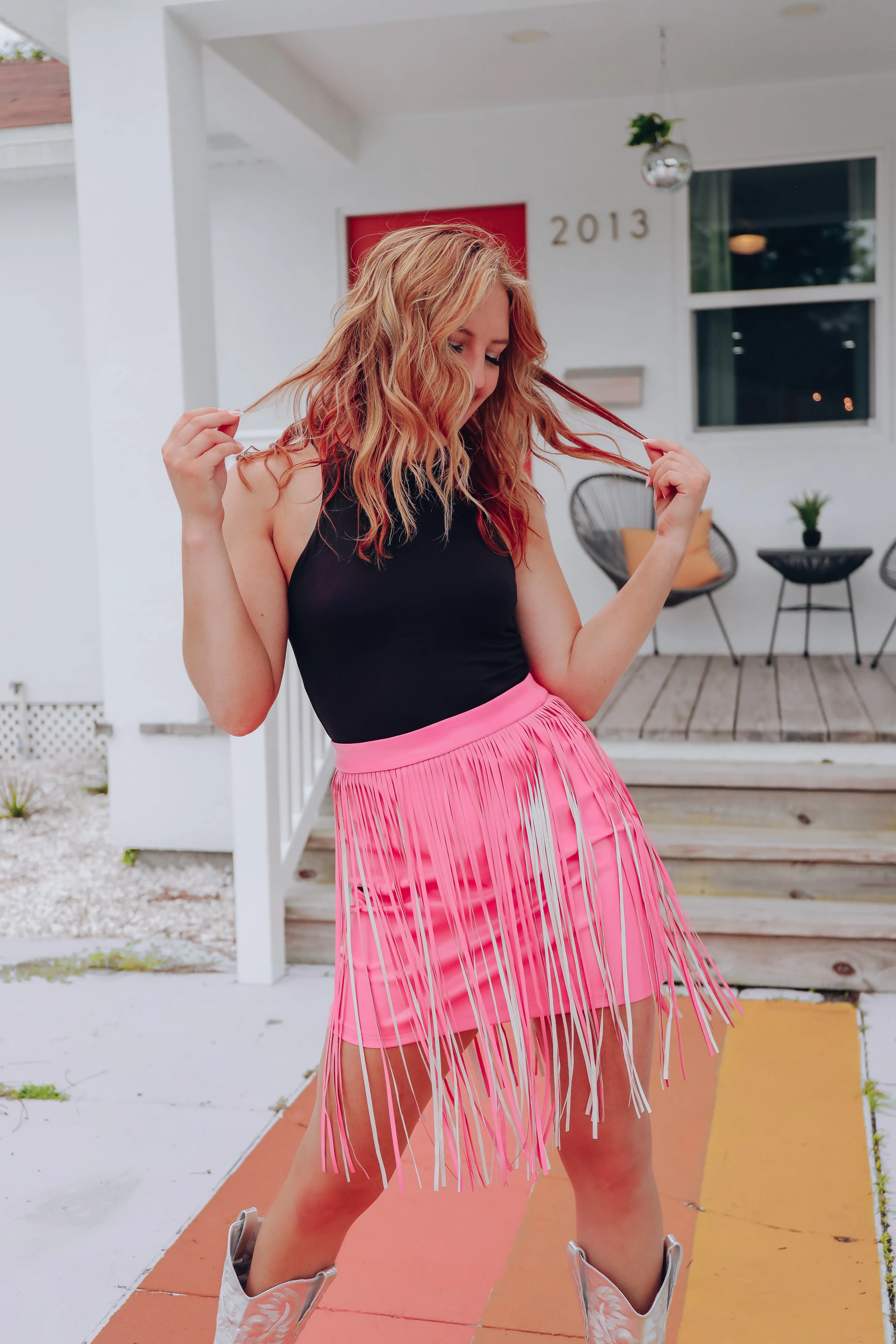 Cheyeene Faux Leather Fringe Mini Skirt - Light Pink