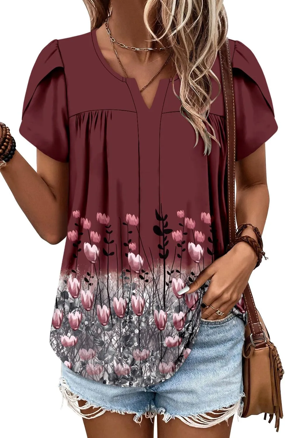 CRAZY GRID Womens Summer Tops Petal Short Sleeve Tshirt Summer Floral Boho Shirts Casual Flowy Tee Comfy Blouses