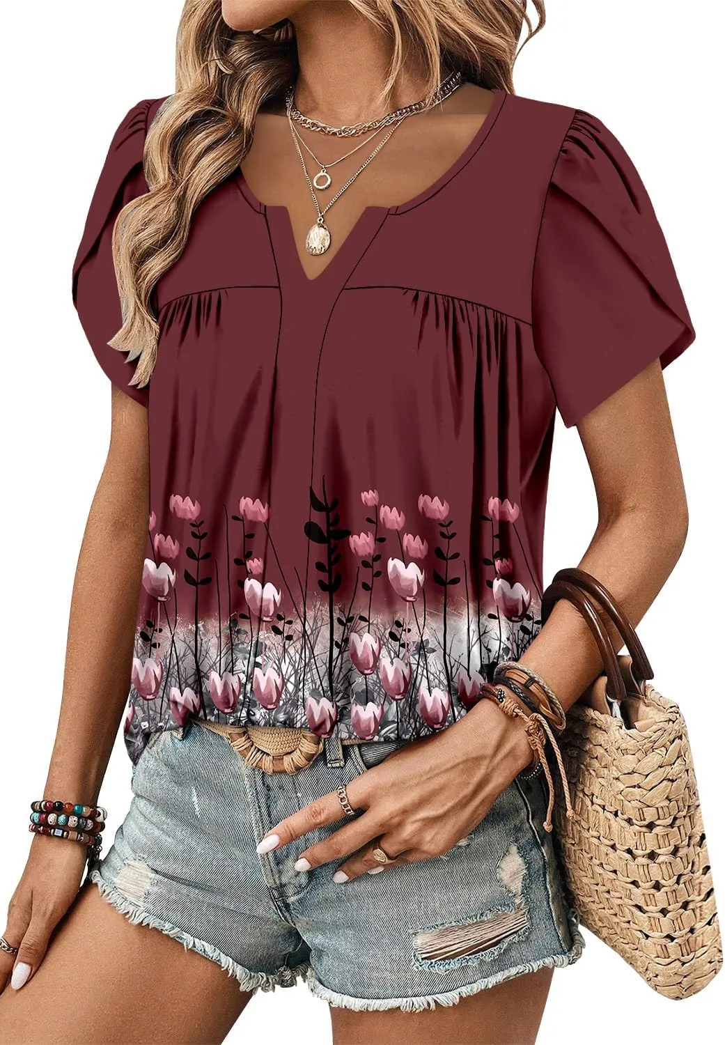 CRAZY GRID Womens Summer Tops Petal Short Sleeve Tshirt Summer Floral Boho Shirts Casual Flowy Tee Comfy Blouses