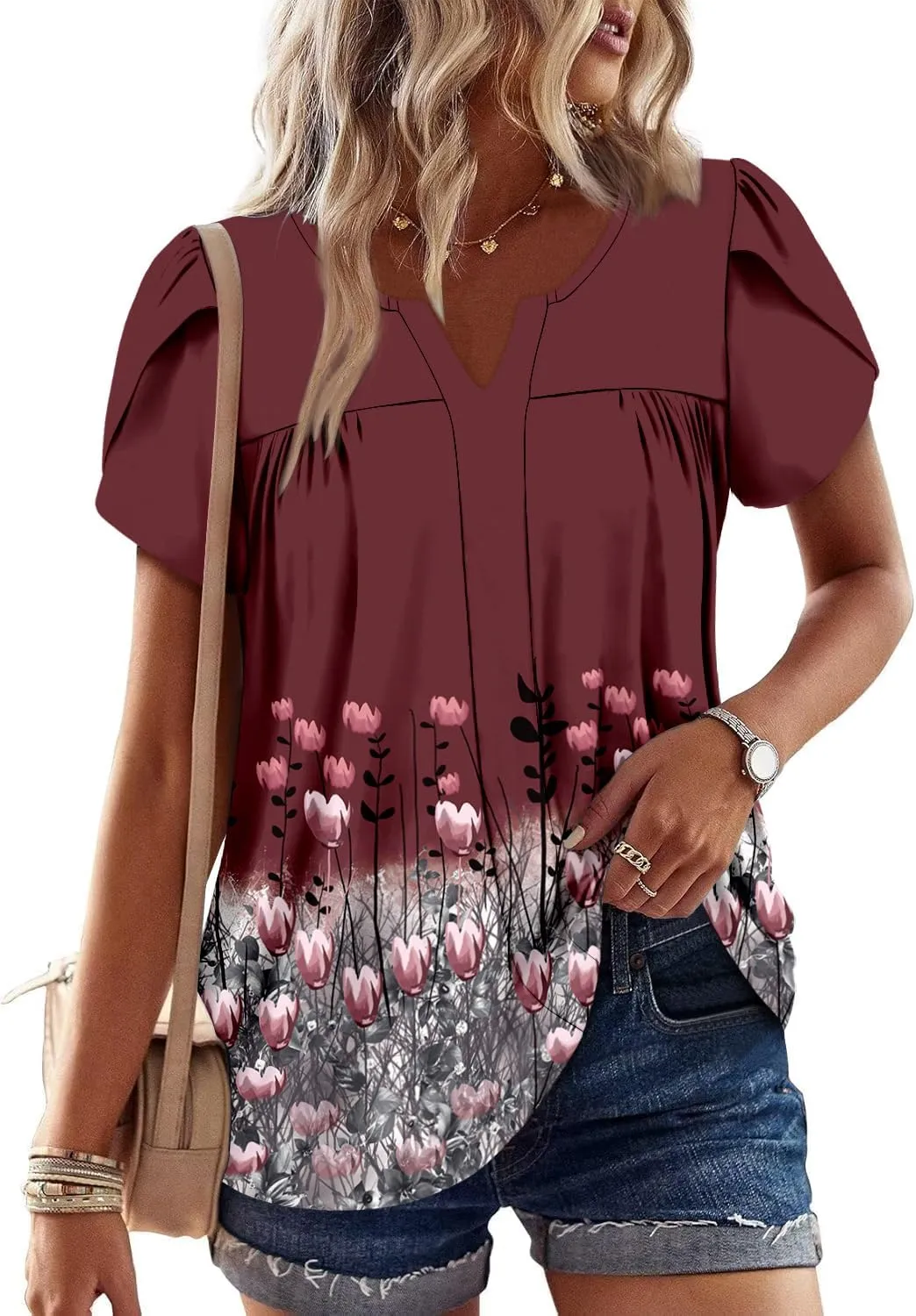 CRAZY GRID Womens Summer Tops Petal Short Sleeve Tshirt Summer Floral Boho Shirts Casual Flowy Tee Comfy Blouses