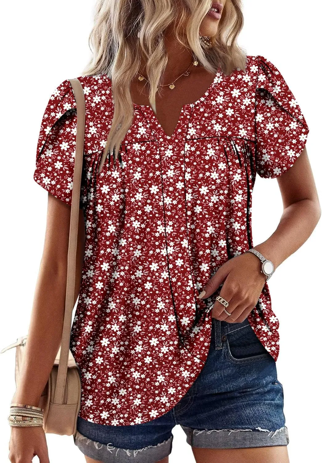 CRAZY GRID Womens Summer Tops Petal Short Sleeve Tshirt Summer Floral Boho Shirts Casual Flowy Tee Comfy Blouses