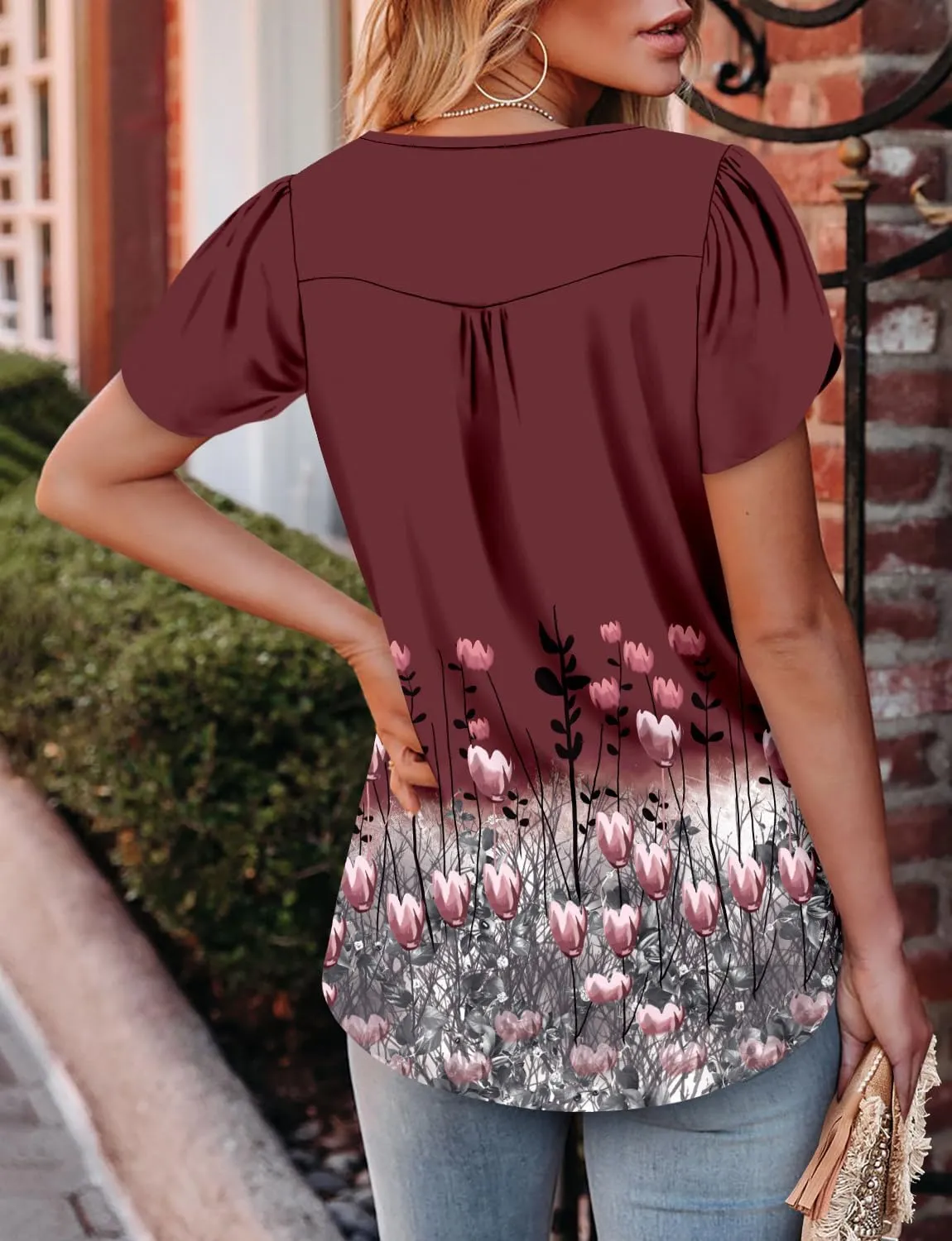 CRAZY GRID Womens Summer Tops Petal Short Sleeve Tshirt Summer Floral Boho Shirts Casual Flowy Tee Comfy Blouses