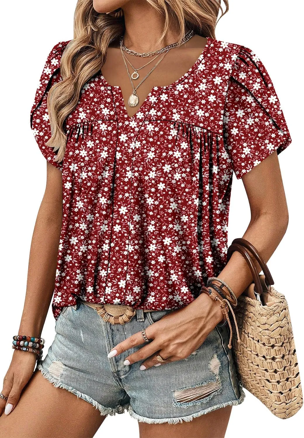 CRAZY GRID Womens Summer Tops Petal Short Sleeve Tshirt Summer Floral Boho Shirts Casual Flowy Tee Comfy Blouses