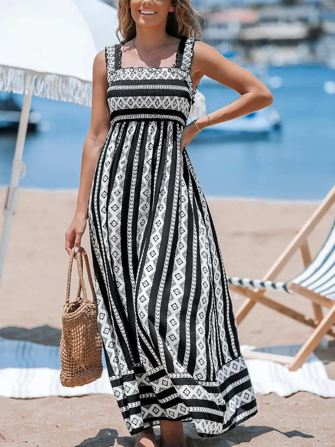 CUPSHE Women's Maxi Dress Ditsy Floral Smocked Summer Sundress Sleeveless Ruffled Spaghetti Straps Long Beach Formal Dress