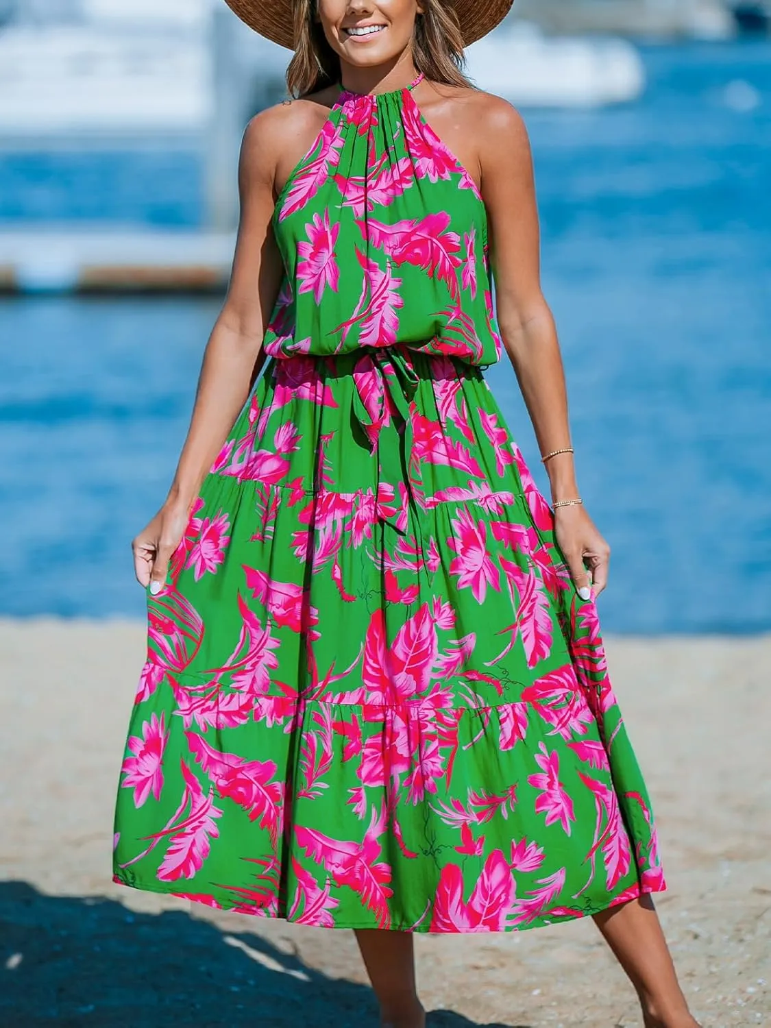 CUPSHE Women's Midi Dress Halter Floral Sleeveless Belted Ruffled A Line Casual Summer Dress