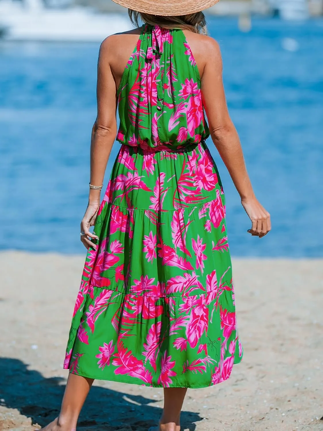 CUPSHE Women's Midi Dress Halter Floral Sleeveless Belted Ruffled A Line Casual Summer Dress