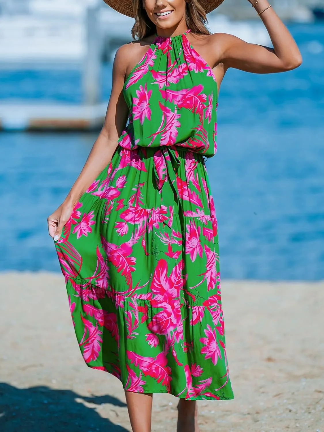 CUPSHE Women's Midi Dress Halter Floral Sleeveless Belted Ruffled A Line Casual Summer Dress