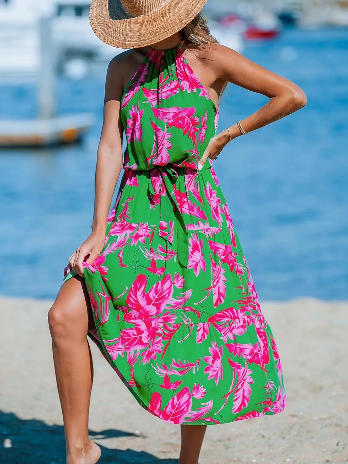 CUPSHE Women's Midi Dress Halter Floral Sleeveless Belted Ruffled A Line Casual Summer Dress