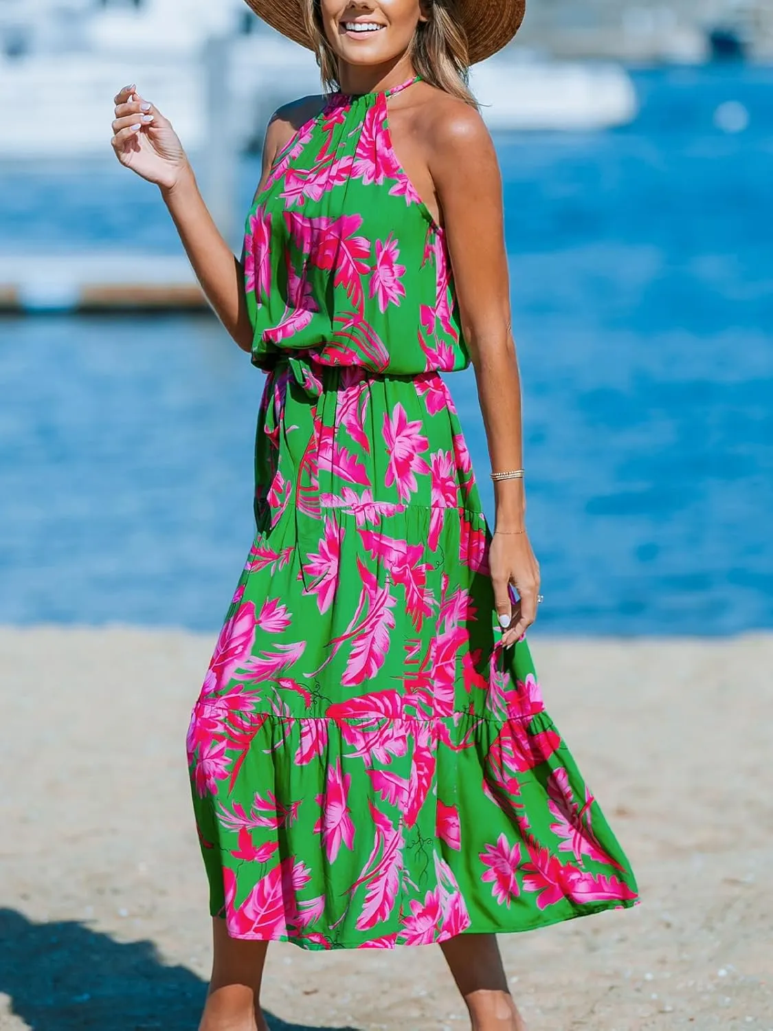 CUPSHE Women's Midi Dress Halter Floral Sleeveless Belted Ruffled A Line Casual Summer Dress