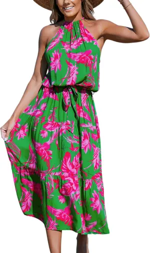 CUPSHE Women's Midi Dress Halter Floral Sleeveless Belted Ruffled A Line Casual Summer Dress